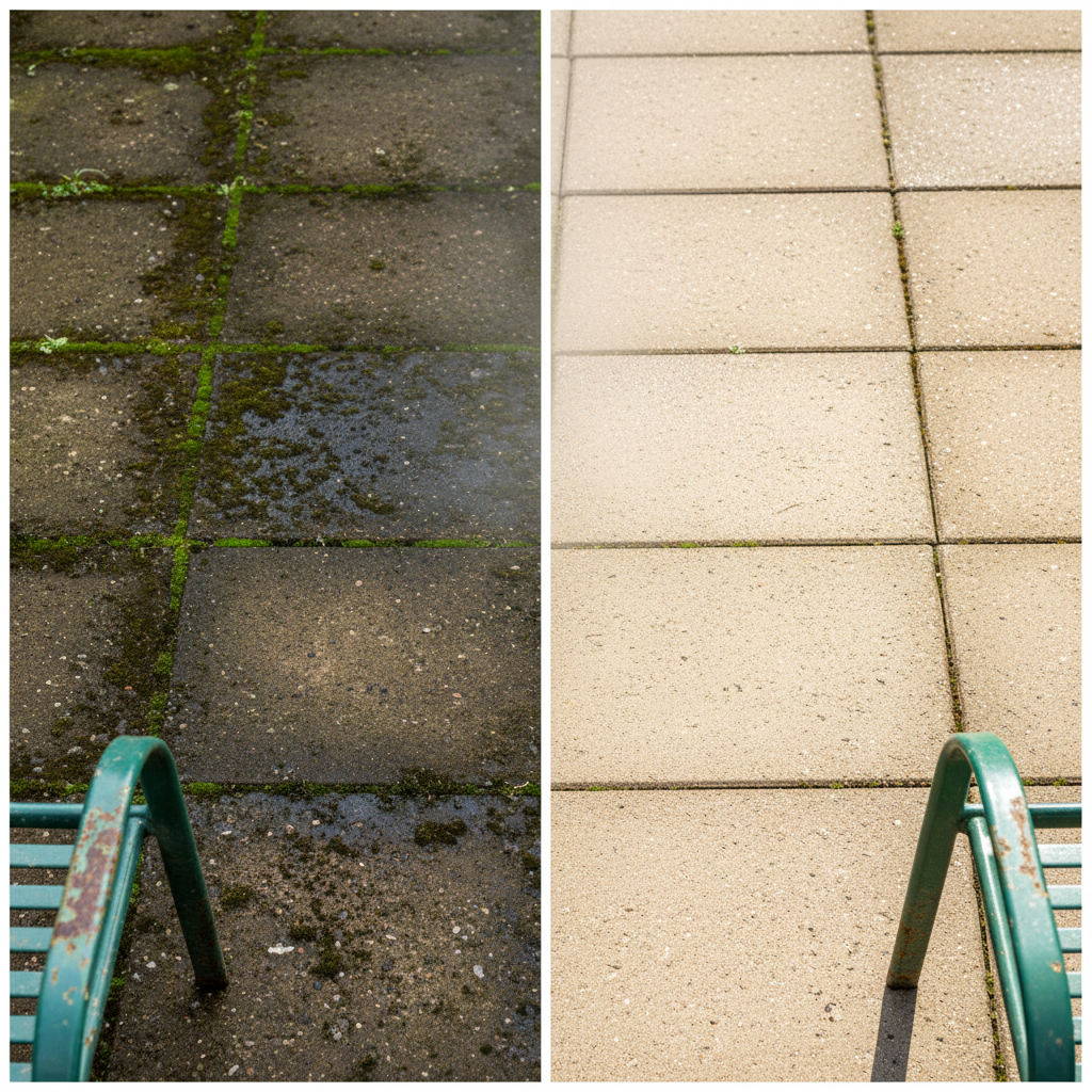 A visually striking split image depicting a patio before and after cleaning. On the left side, patio slabs are heavily covered in green moss, dark algae, and ingrained dirt, appearing dull, stained, and neglected. A corner of an old, slightly grimy garden chair might be visible. On the right side, the exact same patio section is sparkling clean, showcasing its original bright color and texture. The slabs are free of any organic growth, reflecting light beautifully. The transition line between dirty and clean should be sharp and clear, perhaps with a subtle mist from a pressure washer near the cleaned part. Professional photo composite, vibrant and high-contrast.