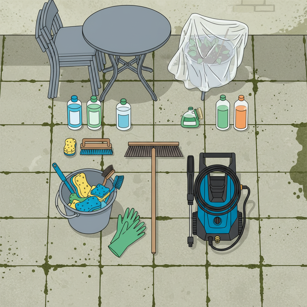 An overhead flat lay or a slightly elevated view of a meticulously arranged collection of patio cleaning essentials, neatly organized on a slightly dirty patio surface. Featured items include a sturdy broom with hard bristles, a high-pressure washer with its hose neatly coiled, a bucket filled with sponges and scrubbing brushes, protective gloves, and generic bottles of cleaning solutions. In the background, some garden furniture is neatly stacked, and a sensitive plant covered with a protective sheet hints at the preparation steps. The scene should convey readiness, organization, and efficiency. Flat illustration style with clean lines and a bright, inviting color palette.