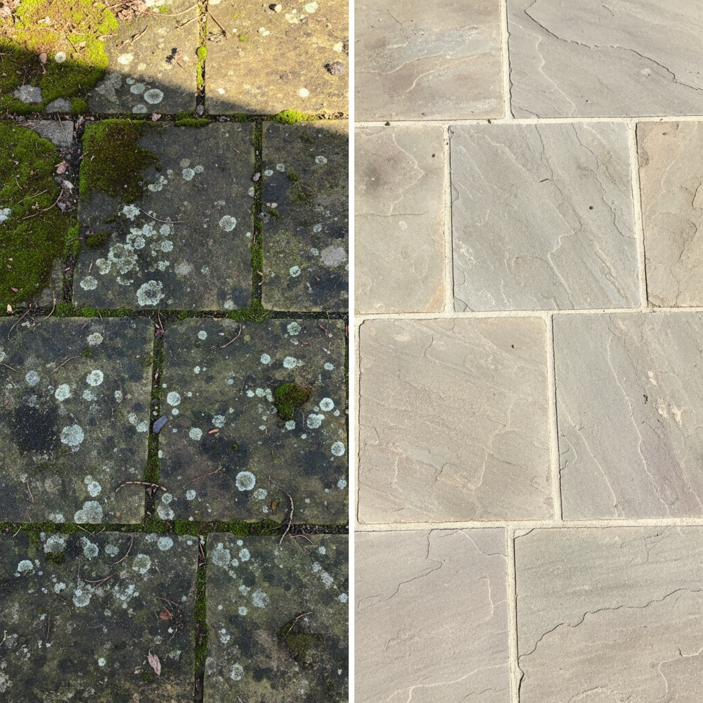 A split-screen, professional photo of a stone patio. On the left side, the patio stones are heavily covered with dark green moss, visible dirt, and some dark algae patches, appearing dull and neglected. On the right side, the same patio stones are immaculately clean, showcasing their original light grey or beige color, with clean grout lines and a fresh, bright appearance. The transition between the dirty and clean areas is sharp and clear, highlighting the dramatic transformation. Sunlight gently illuminates both sides, emphasizing the contrast in texture and color.