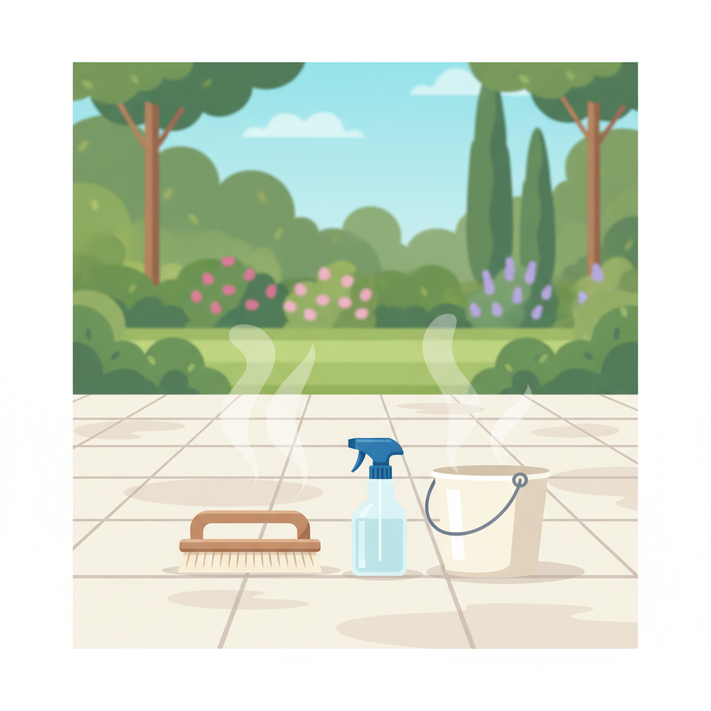 A vibrant, eye-level flat illustration showcasing a beautifully maintained patio. The clean, light-colored patio stones are neatly laid out, with subtle hints of moisture from a recent cleaning. In the foreground, neatly arranged, are a few stylized cleaning tools: a soft brush, a spray bottle, and a bucket, symbolizing effective maintenance. The background features a blurred, idyllic garden setting with lush greenery, suggesting a tranquil outdoor space. The overall mood is fresh, inviting, and serene, emphasizing the 'dream terrace' achieved through care.
