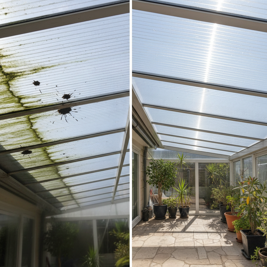 A vibrant, professional photograph depicting a 'before and after' scenario for a patio roof. The left side of the image shows a section of a transparent patio roof (e.g., glass or polycarbonate) heavily covered in visible dirt such as green algae streaks, dust, and a few dark bird droppings, obscuring the view and making it appear dull. The right side shows the exact same section, but meticulously clean and sparkling. Sunlight shines brightly through the clean part, creating clear reflections and illuminating the terrace below, showcasing enhanced light transmission and a pristine appearance.