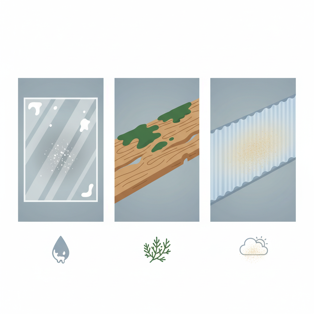 A clean, modern flat illustration visualizing the negative impact of different types of dirt on various patio roof materials. The illustration is divided into distinct sections. One section features a clear glass panel with subtle etching marks and dullness caused by mineral deposits or bird droppings. Another section depicts a wooden beam with noticeable green moss and algae growing on its surface, hinting at moisture damage. A third section showcases a polycarbonate panel with a cloudy film of dust and pollen, significantly reducing its clarity and aesthetic appeal.