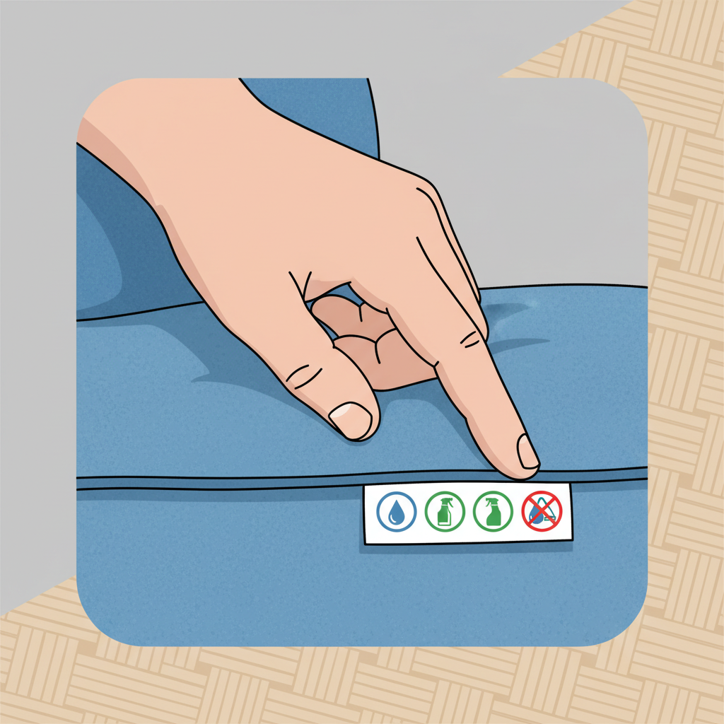 A vibrant flat illustration depicting a close-up view of a generic hand gently pointing to a care label attached to the underside of a textile couch cushion. The label is clearly visible, featuring four distinct, simplified symbols: a water drop for 'W', a stylized spray bottle for 'S', a combination of both for 'W/S', and a crossed-out water drop or vacuum icon for 'X'. The couch fabric has a subtle, appealing texture in the background. The overall style is clean, modern, and infographic-like, emphasizing clarity for understanding cleaning instructions.