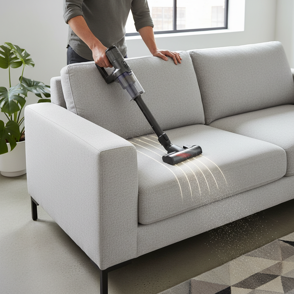 A professional, bright photograph from a slightly elevated angle, capturing a person actively vacuuming a modern textile sofa in a clean, contemporary living room. The person is using a vacuum cleaner with a clearly visible upholstery attachment, moving it methodically across a seat cushion. Subtle visual effects like very fine, almost invisible dust particles being lifted towards the vacuum nozzle can be included to emphasize the cleaning action. The couch fabric should appear slightly lighter or cleaner in the areas already vacuumed, showcasing the effectiveness of the initial cleaning step.