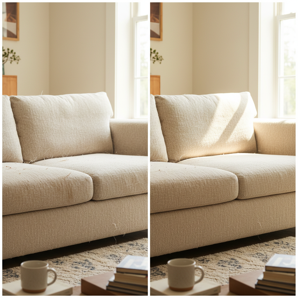 A professional, warm lifestyle photo depicting a 'before and after' scenario for a textile sofa. The left side shows a slightly dull, stained, and dusty light-colored textile sofa in a cozy living room setting, perhaps with subtle signs of wear. The right side features the exact same sofa, now visibly clean, vibrant, and fluffy, exuding freshness and comfort. Subtle details like sunlight illuminating the clean fibers emphasize the renewed look. The overall mood should be inviting and highlight the positive transformation, making the sofa look like a brand new centerpiece of the room.