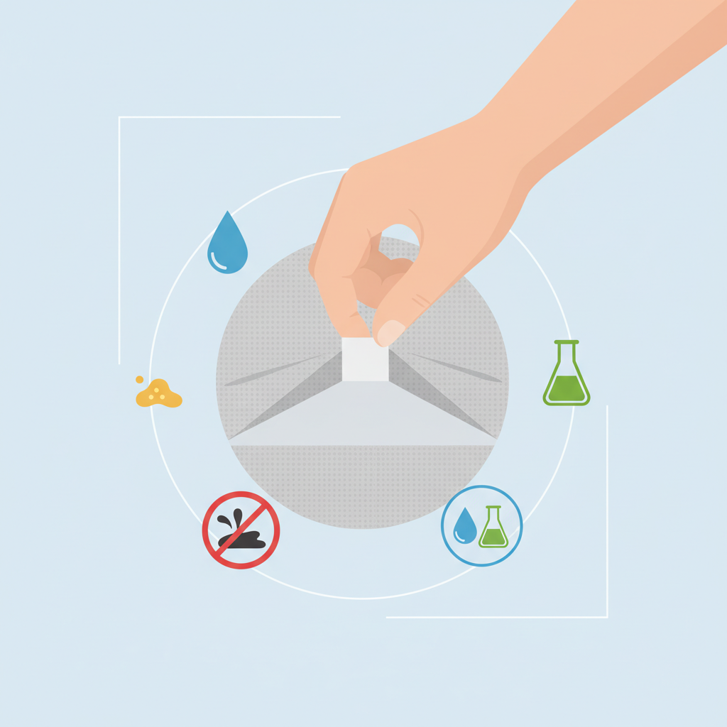 A clear, detailed flat illustration in an infographic style, focusing on the essential step of identifying a sofa's fabric type. The central element is a human hand gently revealing a textile sofa's care label tag, which is attached to the sofa fabric near a seam or cushion. Around the tag, five distinct, simple icons visually represent the cleaning codes: a water droplet for 'W', a stylized chemical bottle for 'S', both combined for 'W/S', a crossed-out liquid symbol for 'X' (dry clean only), and a small oil or grease stain symbol for 'F'. The background is minimalist to keep the focus on the label and symbols.