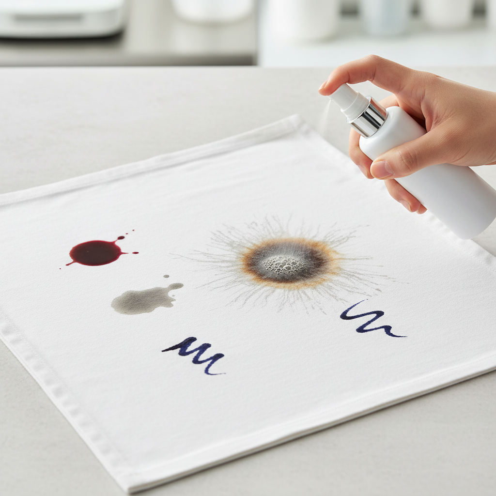 A pristine white or light-colored piece of fabric is laid flat, prominently displaying several distinct, common stains: a vibrant red wine spill, a dark coffee ring, a greasy smudge, and a blue ink mark. A hand, gently holding a generic, sleek bottle of textile cleaner, precisely applies a drop or spray onto one of the stains. A subtle visual effect shows the stain starting to break down and lift from the fabric fibers, hinting at the cleaner's effectiveness. The background is clean and minimalistic, focusing on the action. Professional product photography style, emphasizing cleanliness and efficacy.