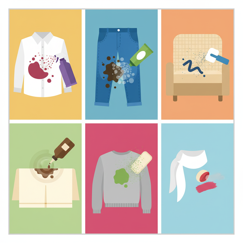An infographic-style illustration showcasing the variety of textile cleaners and their targeted action. The image is divided into distinct sections. Each section features a different common stain (e.g., red wine on a white shirt, oil on jeans, ink on upholstery fabric) alongside a stylized representation of a generic cleaner bottle or applicator. Subtle visual cues, like dissolving particles or a fading effect, illustrate how each cleaner specifically targets and breaks down its respective stain. Flat, clean vector illustration with clear visual distinctions and vibrant colors.