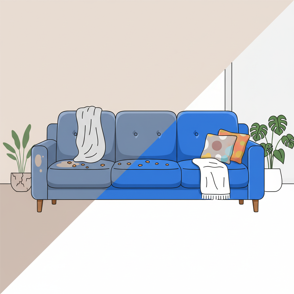 A vibrant, contrasting 'before and after' illustration of a living room sofa. On one side, the sofa appears slightly dull, with subtle but noticeable food crumbs, a faded drink stain, and general wear. On the other side, the same sofa is transformed: its fabric is clean, bright, and appears plush and revitalized, giving off a fresh, inviting aura. The scene should exude comfort and tidiness, emphasizing the positive outcome of cleaning. Use a modern, clean flat illustration style with clear separation between the two states, perhaps a diagonal split.