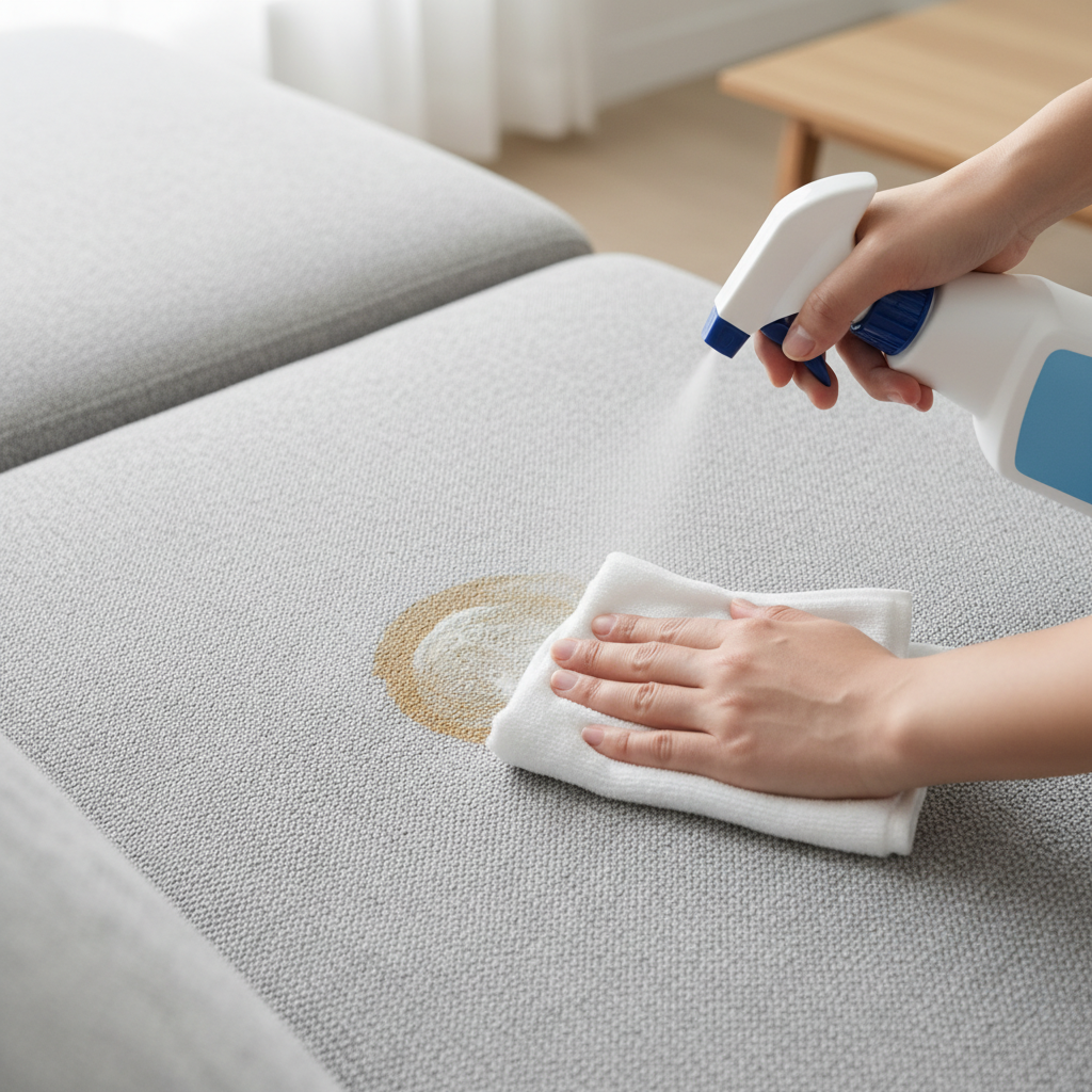 A close-up, high-angle professional photo focusing on hands meticulously cleaning a specific stain on a modern fabric sofa. One hand holds a foam spray or liquid cleaner bottle, aiming at a small, common stain (e.g., a coffee ring or mud mark), while the other hand gently works the product into the fabric with a soft-bristled brush or a clean microfiber cloth. The background of the sofa fabric should be clean, contrasting with the small area being treated, highlighting the cleaning action. The lighting should be bright and natural, suggesting hygiene and effectiveness.