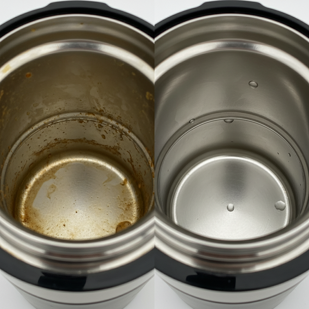 A bright, professional-style split image showcasing a thermos. The left side depicts the interior of a used thermos, showing subtle, brownish coffee stains and cloudy residue clinging to the inner walls, suggesting accumulated grime. The right side displays the same thermos, but its interior is sparkling clean, gleaming with a fresh, pristine metallic or glass surface, perhaps with a single drop of water reflecting light. The image emphasizes the transformation from dirty to fresh and hygienic.