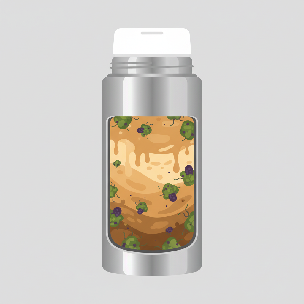 A modern, clean flat illustration showing a stylized cross-section of a thermos. The inner wall of the thermos is depicted with subtle layers of residue, like light brown coffee stains or yellowish tea tannins, visibly accumulated. Within these layers, abstract, tiny green and purple blob-like shapes represent bacteria or mold growth, hinting at the hidden unhygienic conditions. The exterior of the thermos is sleek and minimalist, while the interior focuses on the unseen buildup, emphasizing the importance of deep cleaning for hygiene and freshness.