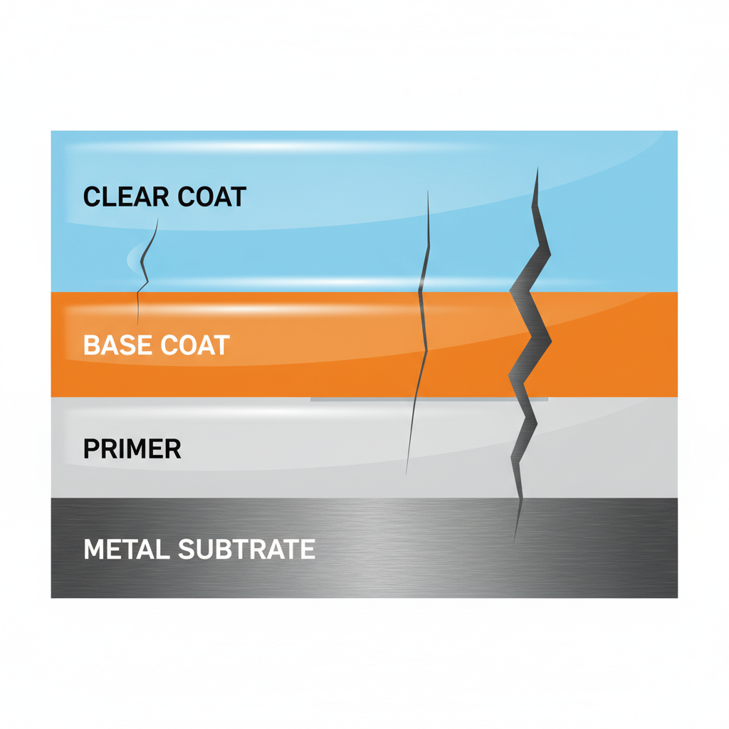 A detailed infographic-style cross-section illustrating the layers of car paint: clear coat, base coat, primer, and metal substrate. Three distinct scratches are depicted. The first is superficial, only affecting the clear coat. The second penetrates the base coat. The third is a deep scratch, extending through the primer layer and reaching the bare metal. Use vibrant, contrasting colors for each layer to clearly differentiate them. The style should be clean, modern, and visually explanatory, like a technical diagram.