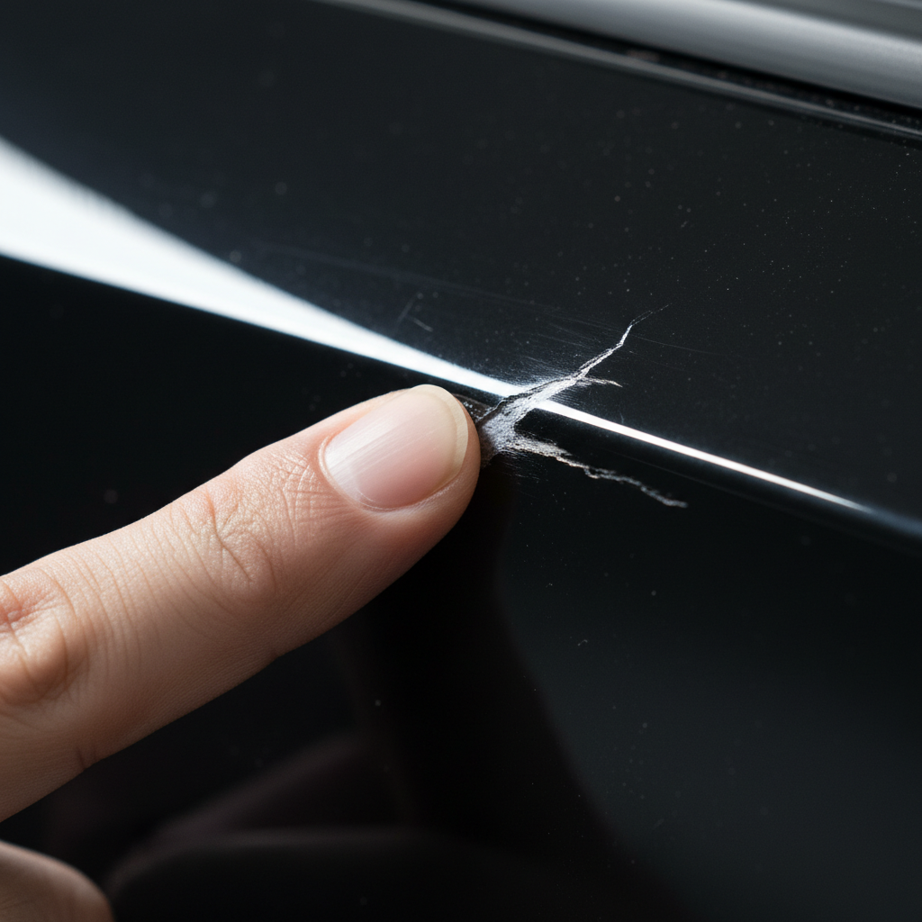 A close-up, high-resolution professional photo focusing on a human hand's index finger and its fingernail. The fingernail is gently tracing across a prominent, deep scratch on a glossy, dark car door panel. The scratch is clearly visible, and the fingernail appears to slightly 'catch' in the groove, emphasizing its depth and the tactile nature of the 'fingernail test'. Good lighting highlights the texture of the scratch and the car's reflective surface.
