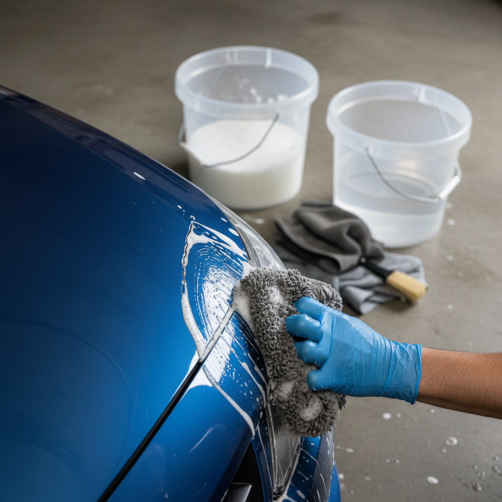 A professional photo or realistic illustration capturing the meticulous cleaning process of a car's damaged area. A person's hands, wearing appropriate gloves, are using a soft wash mitt soaked in soapy water to gently clean a car fender with a visible deep scratch. Two buckets, one with soapy water and one with clean rinse water, are subtly visible in the background, reinforcing best practices. The scene conveys careful preparation and attention to detail.