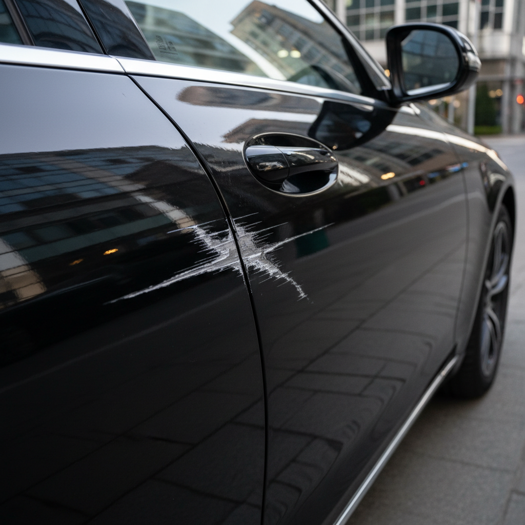 A striking, professional photo of a dark-colored, modern car (e.g., a sleek black or navy sedan) with a very prominent, deep, and noticeable scratch running across one of its side panels, such as a door or rear fender. The car's paint should otherwise appear pristine and glossy, making the deep scratch stand out dramatically as a major imperfection. The lighting should emphasize the scratch's depth and visibility, showcasing the problem the article aims to solve.