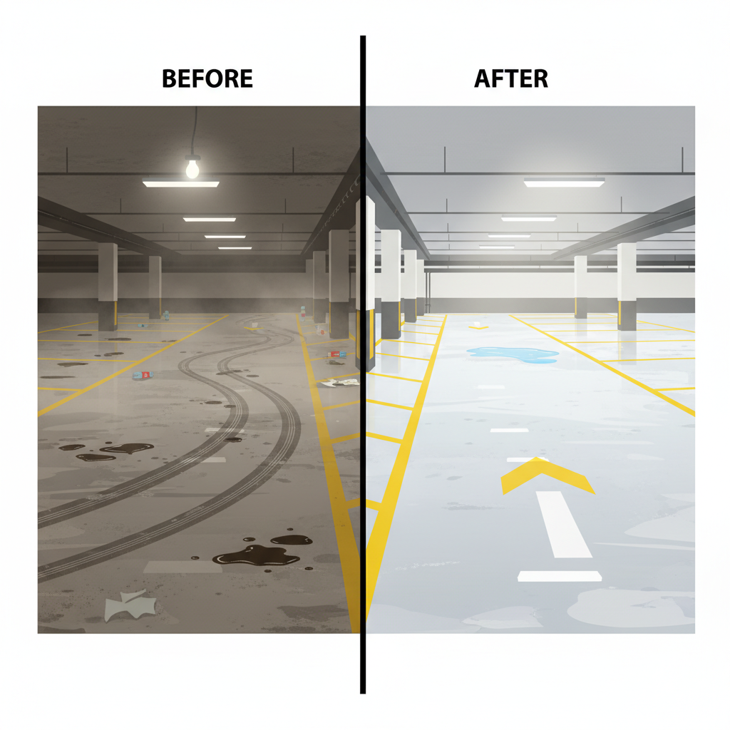 An illustration in a crisp, clean infographic style depicting a clear 'before and after' contrast of an underground parking garage. The left side shows a visibly dirty, somewhat grimy and dimly lit garage floor with prevalent tire marks, dust, and a few oil stains, implying neglect. The right side shows the identical section of the garage floor transformed: sparkling clean, well-lit, free of debris and stains, with crisp floor markings. The overall visual should emphasize increased safety, brightness, and aesthetic appeal after cleaning.