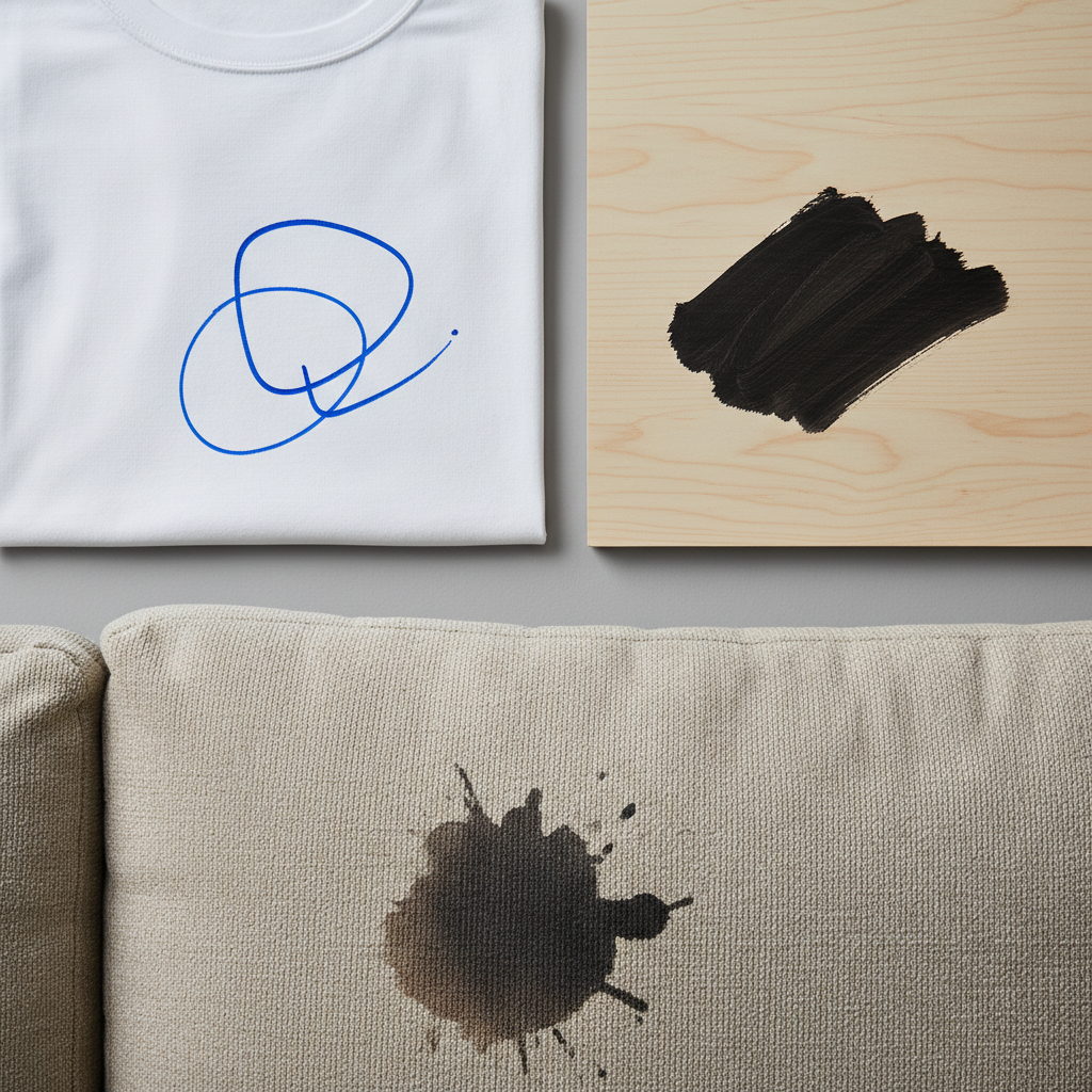 A professional photo showing a series of common household items marred by distinct ink stains. Envision a crisp white cotton shirt with a fresh blue ballpoint pen mark, a light wooden desk surface with a smudged black permanent marker streak, and a beige sofa cushion featuring a small, dark ink blot. The arrangement should convey the ubiquity and stubbornness of ink stains on various materials, creating a visually appealing yet relatable representation of the problem. The lighting should be bright and even, highlighting the contrast between the clean material and the dark stains.