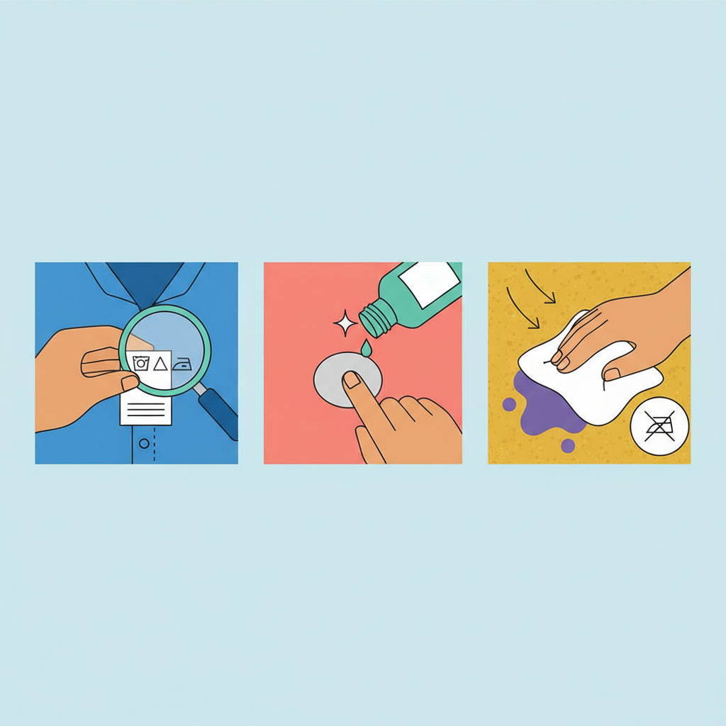 A detailed, flat illustration depicting the crucial preparation steps before tackling ink stains. The image should subtly convey three actions: a hand carefully examining a clothing label for material identification, a finger gently dabbing a tiny, unnoticeable spot on a fabric with a cleaning solution to symbolize a test patch, and a hand blotting a stain with a clean cloth without rubbing, emphasizing the 'do not rub' principle. Use a clean, vibrant color palette with simplified shapes and distinct visual separation for each concept.