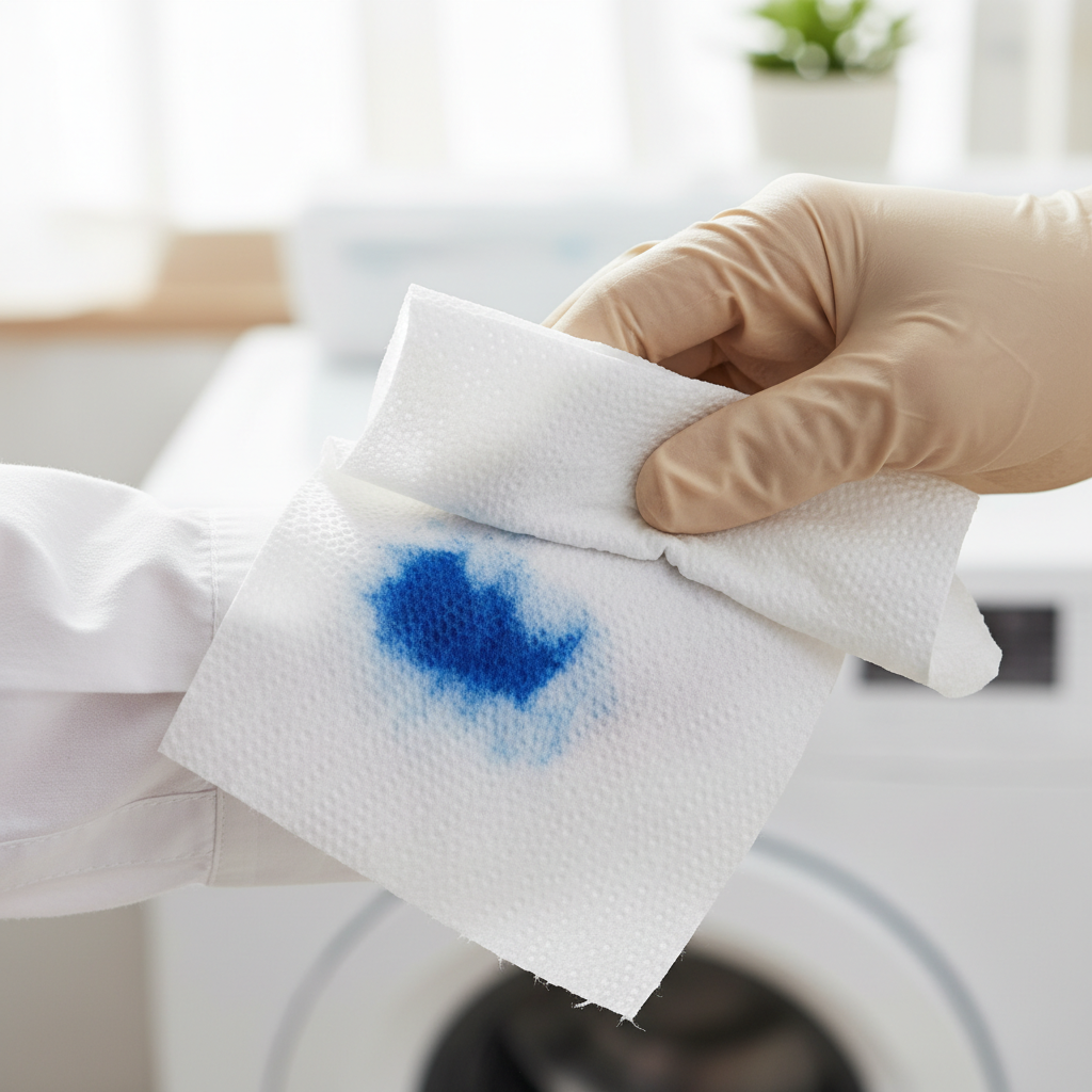A close-up, professional product photo of a vibrant blue ink stain on a crisp white fabric, possibly a t-shirt or shirt cuff. A hand, wearing a neutral-colored glove, is gently dabbing the edge of the fresh stain with a clean, white paper towel. Another piece of clean paper towel is placed underneath the stained fabric, visible absorbing a faint shadow of ink. The focus is on the gentle blotting motion, emphasizing 'do not rub'. The background is softly blurred, suggesting a clean, well-lit domestic setting.