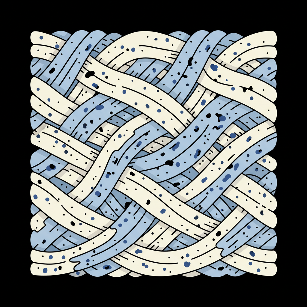 A detailed scientific flat illustration depicting a microscopic cross-section of fabric fibers (e.g., cotton or synthetic strands). Ink particles, illustrated as small, dark blue and black dots, are visibly embedded deep within and clinging to the individual fibers. Some particles are on the surface, while many are shown deeply interlocked, demonstrating the stubborn nature of ink stains. The illustration should have clean lines and a modern, infographic-style aesthetic, using a limited color palette to highlight the interaction between ink and fabric.