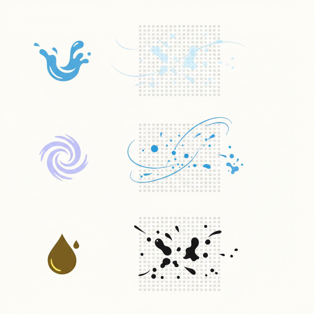 An infographic-style flat illustration visually comparing three distinct types of ink and their interaction with fabric. Section one depicts 'water-based' ink: simple, light blue ink dots easily dispersing from fabric fibers, represented by a gentle water splash icon. Section two shows 'alcohol-based' ink: slightly more clustered, darker ink particles requiring more effort to dislodge from fibers, accompanied by a dynamic swirl icon representing alcohol. Section three illustrates 'oil-based' ink: stubborn, deeply embedded black ink blobs tightly clinging to fabric threads, symbolized by an oil drop icon. The illustration should use clear visual metaphors to convey difficulty of removal without any textual labels.