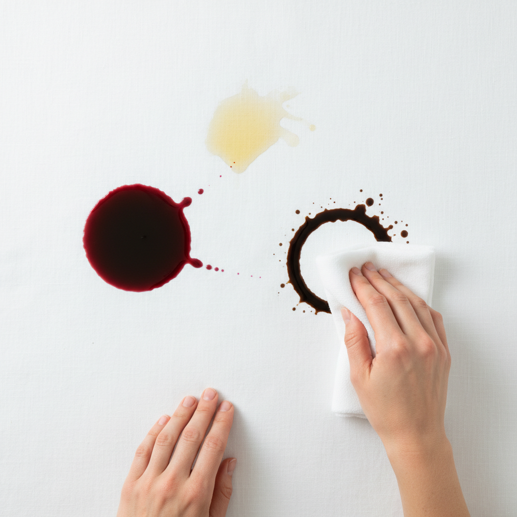 A high-quality, professional photograph from a top-down perspective. The image features a pristine white linen tablecloth, marred by a few distinct, fresh stains: a vibrant red wine spill, a dark coffee ring, and a small, translucent grease mark. A pair of hands, neatly manicured, gently dabs at the coffee stain with a soft, clean, white cloth. The focus is on the delicate, non-rubbing action, highlighting careful stain removal. The lighting is bright and clean, emphasizing the contrast between the stains and the white fabric.