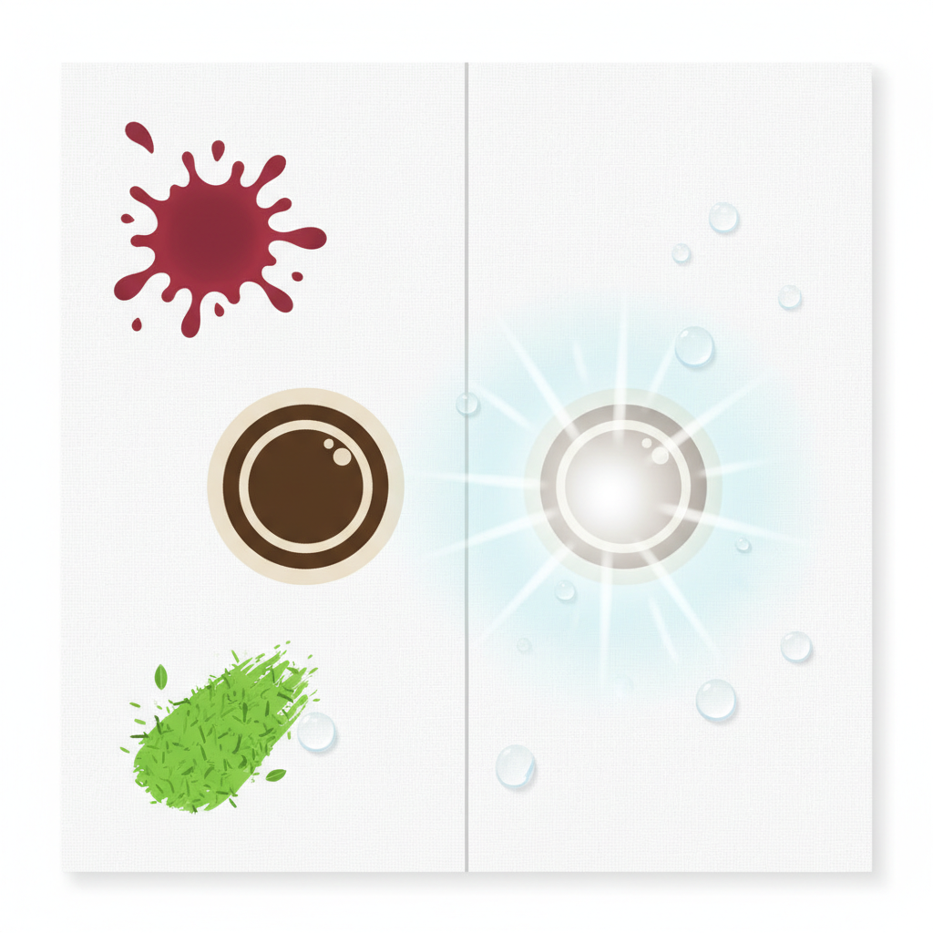 A vibrant, clean, flat illustration in an infographic style. The image visually represents common tablecloth stains and their removal. On the left side, a segment of a white tablecloth is depicted with three distinct, vivid stains: a crimson red wine splash, a rich brown coffee ring, and a bright green grass smear. On the right side, the same segment of the tablecloth is perfectly clean and spotless, with subtle visual cues like sparkling clean water droplets or a soft, almost invisible 'clean' aura, suggesting successful removal. No specific cleaning products are shown.