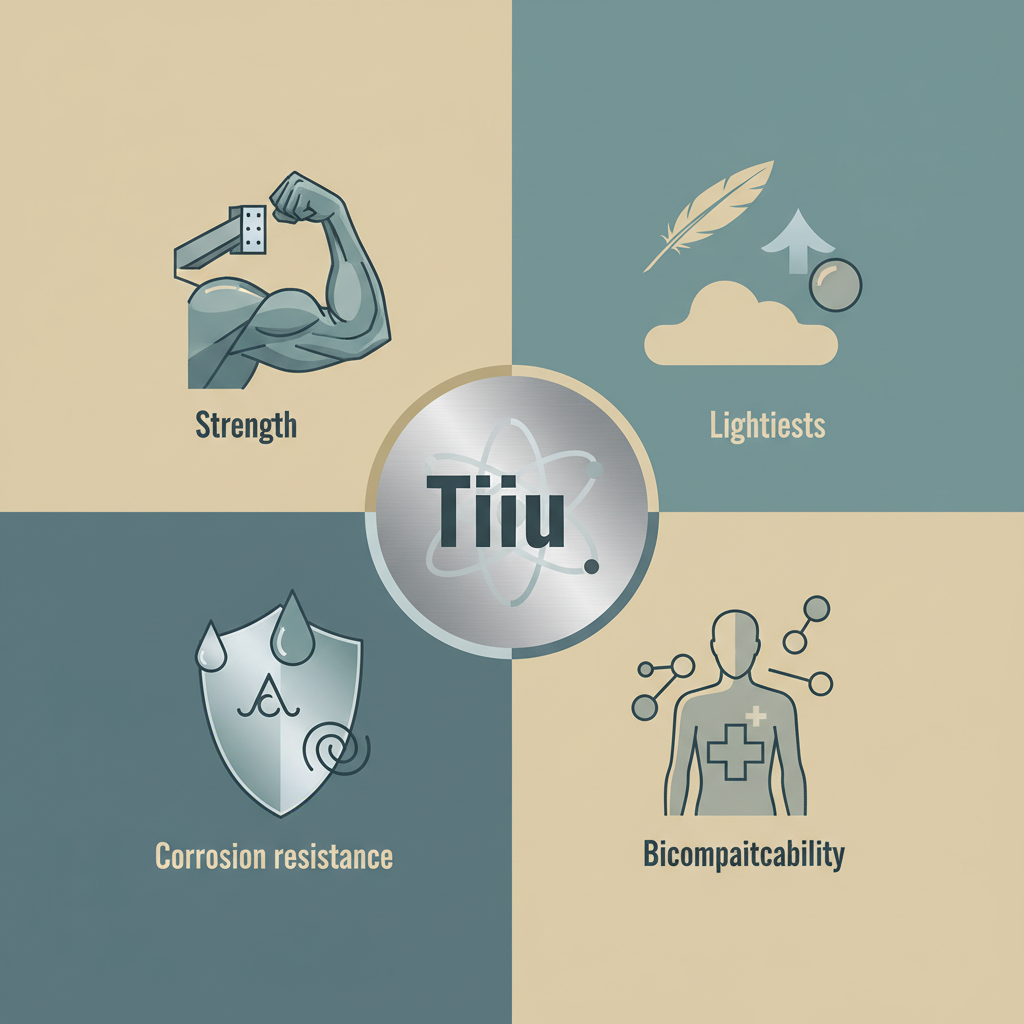 An infographic-style illustration depicting the core properties of titanium. Visualize elements representing strength (e.g., a flexing arm or a strong beam), lightness (e.g., a feather or an object floating), corrosion resistance (e.g., a droplet of water or acid rolling off a pristine surface), and biocompatibility (e.g., a subtle medical cross or a human-like outline). These elements should subtly interact with or surround a central, abstract titanium symbol or a smooth titanium texture swatch. Clean, modern infographic illustration with a muted, professional color palette.