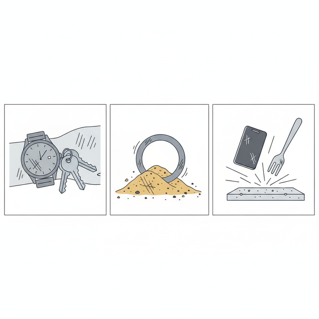 A multi-panel or composite flat illustration showing common scenarios where titanium products get scratched. One panel could show a titanium watch bumping against a set of keys, another showing a titanium ring being abraded by sand or rough dirt, and a third showing a titanium phone or utensil being dropped onto a hard, abrasive surface. The scratches should be visibly depicted forming on the titanium items in each scenario. Flat, minimalist illustration with clear, relatable scenarios and a focus on simple shapes and outlines.