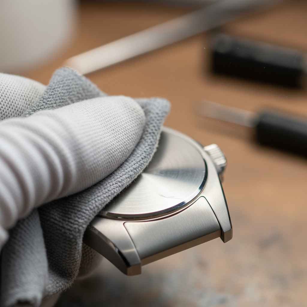A close-up, professional photograph of a hand gently polishing a section of a titanium surface, such as part of a watch case or a knife handle. The hand should be wearing a soft cloth glove or holding a specialized polishing cloth, applying a circular motion. The focus should be on the subtle action of bringing back the shine, with a faint suggestion of a scratch disappearing or a surface becoming smoother under the treatment. High-resolution, detailed professional macro photography with shallow depth of field, emphasizing the texture and the polishing action.