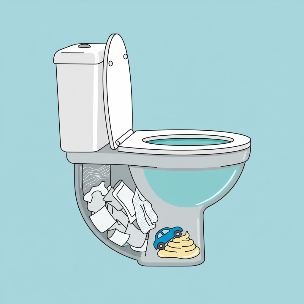 A detailed flat illustration showing a cutaway view of a toilet bowl and the initial section of its drainage pipe. Inside the pipe, various common culprits are visibly accumulating and forming a blockage: a dense wad of toilet paper, a stray wet wipe, a small plastic toy car, and a blob of solidified cooking grease. Subtle white calcification lines the interior of the pipe walls. The water in the toilet bowl is noticeably high, signaling a complete clog. The style is clean, modern, and infographic-like, using a clear color palette to distinguish elements.