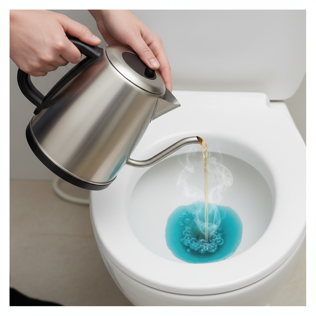 A professional, well-lit close-up photo of a person's hands demonstrating the initial step to clear a toilet clog. A hand is carefully pouring a stream of steaming (but not boiling) water from a sleek, modern kettle into a white ceramic toilet bowl. At the bottom of the bowl, a distinct swirl of blue dish soap is visible, having just been added. The water level in the bowl is slightly elevated, indicating a problem. The focus is on the action and the simple tools, conveying a practical, helpful atmosphere.