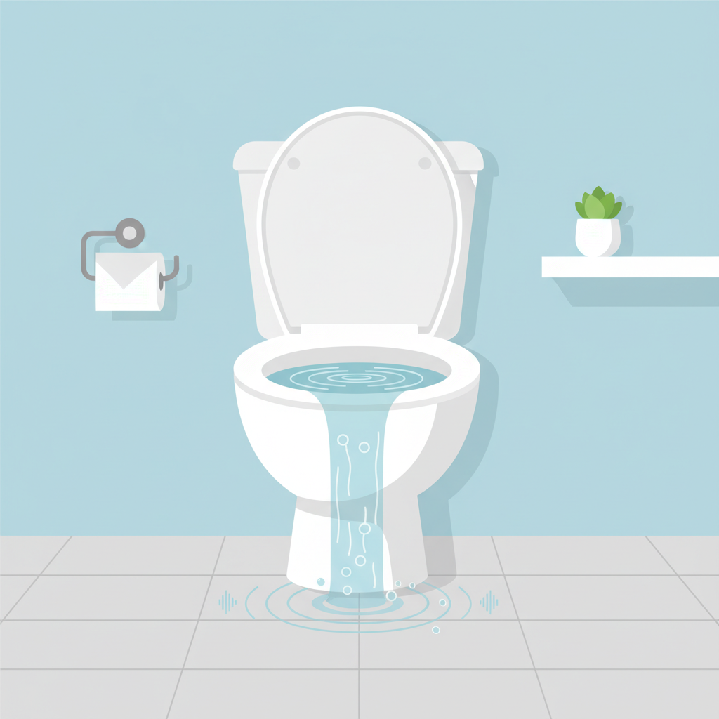 A visually impactful flat illustration of a toilet in a clean, modern bathroom setting. Focus on the toilet bowl where a continuous stream of water is clearly flowing from under the rim, creating visible ripples on the water surface. The water level in the bowl appears to be constantly refreshed. Subtle visual cues of continuous flow, perhaps a light blue stream effect, symbolize the wasted water and the constant 'running' sound, emphasizing the core problem of the article.