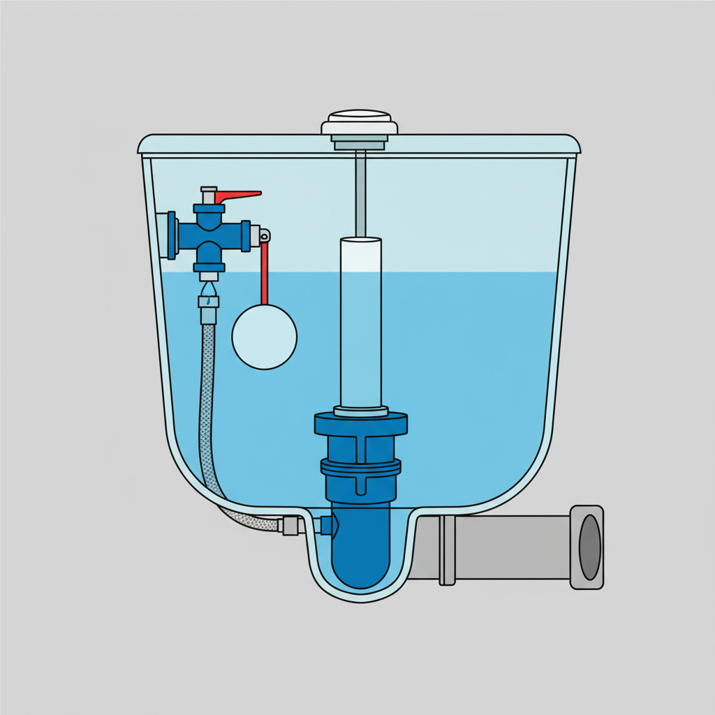 A detailed, clear cutaway diagrammatic illustration of the inside of a toilet cistern (Spülkasten). All internal components should be visible: the float valve (Füllventil) on one side, the flush valve (Ablaufventil) centrally at the bottom, and the overflow pipe. The water level should be accurately depicted, showing a healthy, properly filled cistern. Use a clean, infographic style with distinct colors for different components, making the mechanics easily understandable.