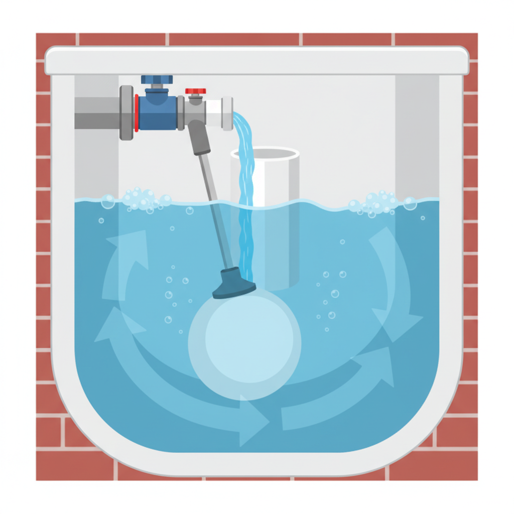 A close-up, exploded view flat illustration focusing on a defective float valve (Schwimmerventil) inside a partially visible toilet cistern. Show the water level clearly too high, reaching and spilling over the top of the overflow pipe. The float mechanism itself should appear slightly misaligned or stuck in an 'open' position, allowing excessive water flow into the cistern, thus causing the overflow. Emphasize the constant, unwanted water movement.