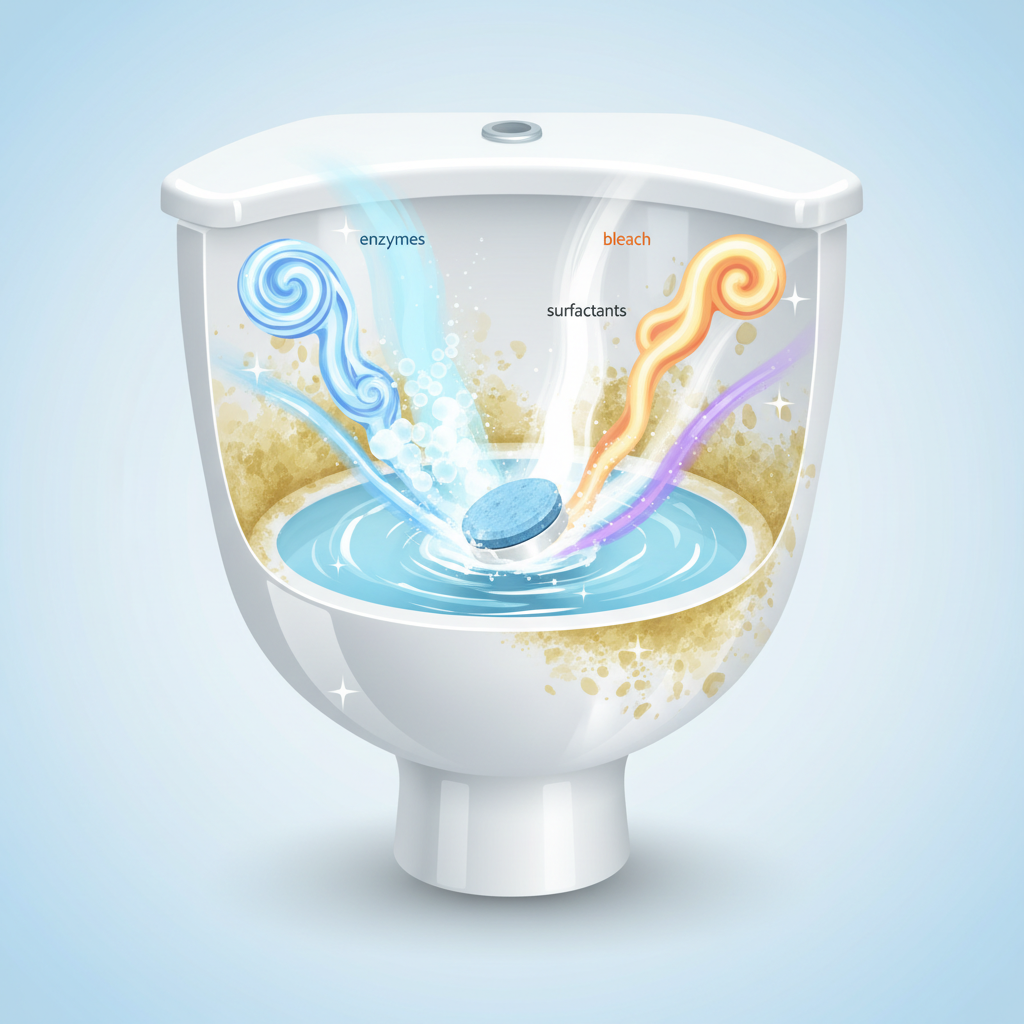 A detailed 3D illustration showing a stylized cross-section of a toilet bowl. A single dishwasher tablet is dissolving in the water, emitting abstract, colored energy fields or particles that visually represent enzymes, surfactants, bleach, and alkalis. These elements are depicted actively breaking down and dissolving stubborn grime and yellow-brown lime scale clinging to the inside surface of the bowl, transforming the affected areas into sparkling clean porcelain. The overall style is modern and clean, with vibrant blues and whites dominating, and subtle hints of orange or yellow for the 'active' cleaning agents, conveying powerful action.