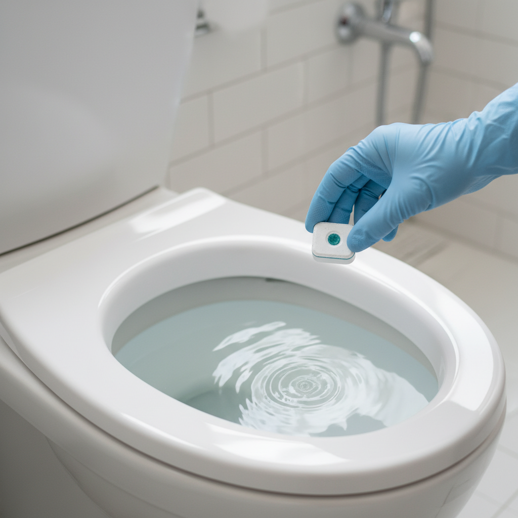 A professional, brightly lit close-up photo in a clean, minimalist bathroom setting. A human hand, wearing a light-colored cleaning glove, is gently dropping a single, identifiable dishwasher tablet into a pristine, white toilet bowl. The water in the bowl is crystal clear and still, with a subtle shimmer suggesting exceptional freshness and cleanliness. The toilet's ceramic surface gleams, emphasizing the 'after' effect of effective cleaning. The composition highlights the simplicity and ease of using this common household item for an unexpected, powerful cleaning solution.