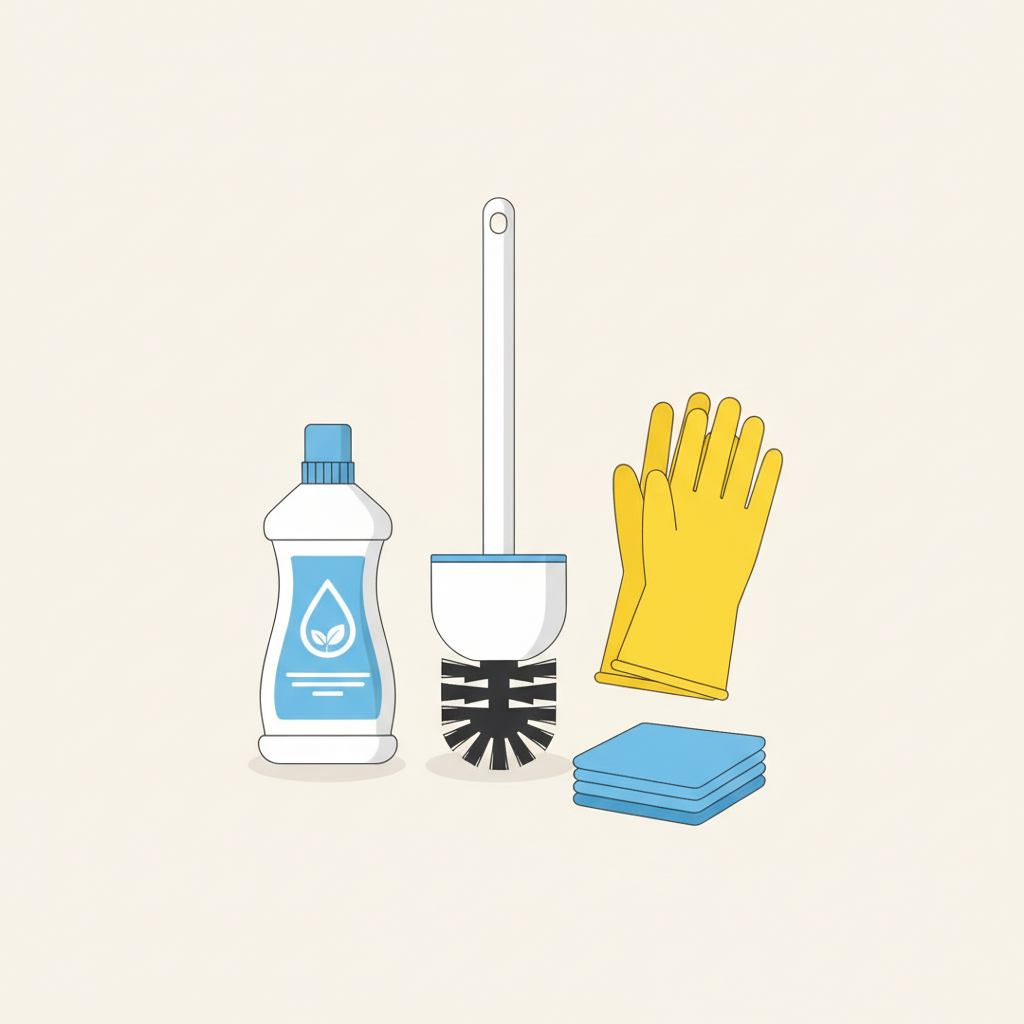 A clean, minimalist flat illustration showing essential toilet cleaning tools neatly arranged on a light background. Include a robust toilet brush, a bottle of generic toilet cleaner, a pair of bright yellow rubber gloves, and a few folded blue microfiber cloths. The composition should be bright and inviting, conveying organization and readiness for a task. Subtle hints of hygiene and freshness can be implied through the crispness and clarity of the illustration.