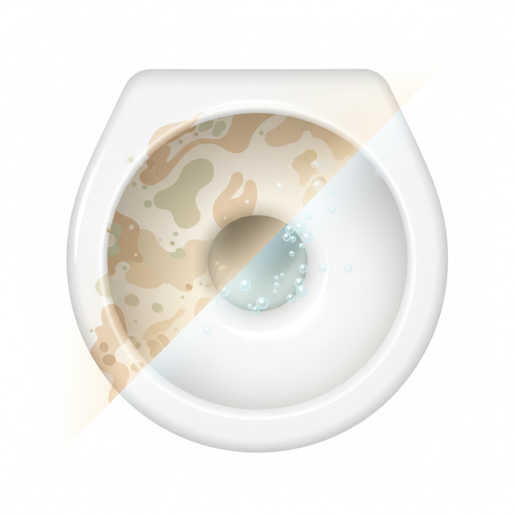 An illustrative representation focusing on the inside of a toilet bowl, demonstrating a transformation from grimy to sparkling. One section of the bowl interior subtly depicts abstract, light brown or green discoloration, symbolizing limescale and potential germ presence. The adjacent section glows pristine white, with gentle light reflections and a few effervescent bubbles, conveying extreme cleanliness and freshness. The overall image should be dynamic and visually emphasize hygiene and the effectiveness of cleaning.