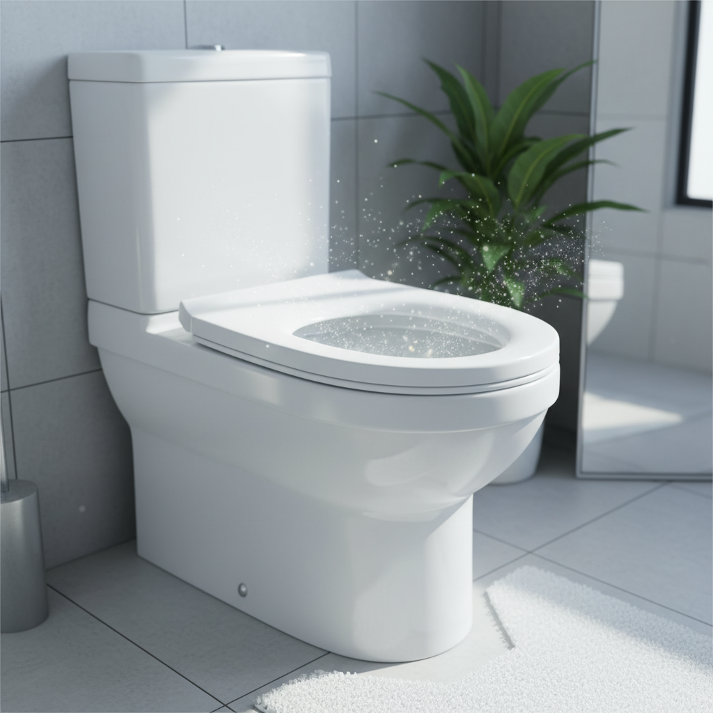 A bright, professional-style photograph of a modern, immaculately clean toilet bowl in a minimalist, light-filled bathroom. The white porcelain gleams, reflecting natural light, with subtle, ethereal sparkles emanating from the rim and inside the bowl, symbolizing extreme cleanliness and hygiene. The overall impression should be one of freshness, purity, and a thoroughly sanitized environment, conveying the article's promise of achieving sparkling results. The composition should be inviting and aesthetically pleasing.