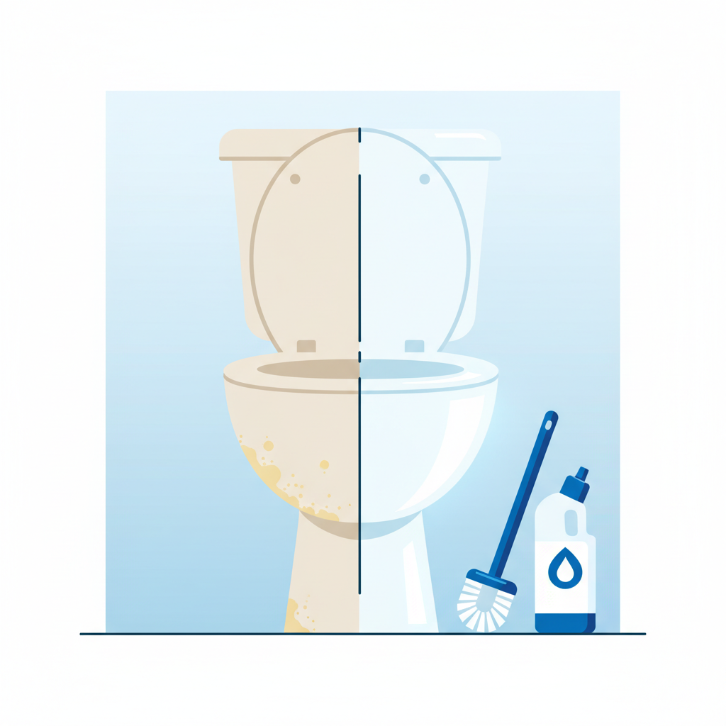 A vivid, conceptual flat illustration depicting a toilet bowl. One side of the bowl appears dull, with subtle visual hints of yellowed stains and limescale textures. A clear, invisible dividing line separates this from the other side, which is pristine, brilliant white, and softly glowing. A stylized cleaning brush, perhaps a bottle of cleaner, is positioned near the clean side, hinting at the cleaning process. The style should be clean, modern, and visually impactful, emphasizing the dramatic transformation from dirty to hygienically clean.