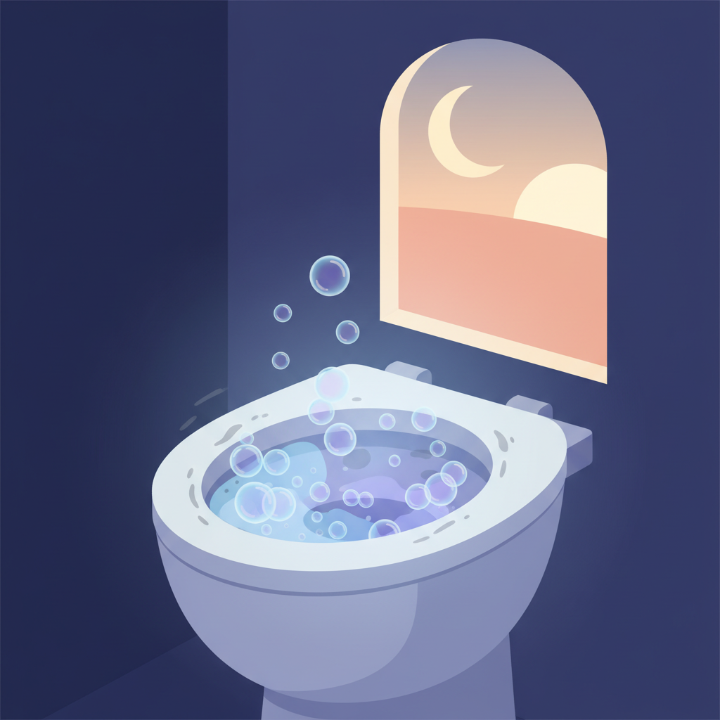 A stylized flat illustration depicting a toilet bowl at night, seen from a slightly elevated perspective. The water in the bowl shows subtle swirls of an active cleaning agent, possibly indicated by soft, glowing bubbles or a gentle effervescence. The overall scene suggests quiet efficacy. In the background, visible through a blurred window, a crescent moon transitions into a faint morning glow, symbolizing the passage of time as the cleaning works effortlessly overnight. The grime in the bowl should be subtly dissolving, leaving a hint of cleanliness emerging. The color palette should be calming, using blues, purples, and soft whites, suitable for a professional blog.