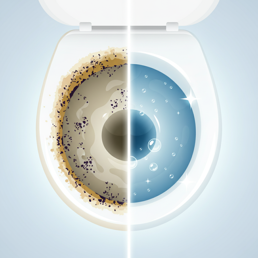 A vibrant vector illustration showcasing the deep cleaning effect of overnight toilet treatment. The image should be a conceptual split view of a toilet bowl's interior. On one side, represent tough stains, limescale, and abstract, subtle dark specks symbolizing bacteria or grime buildup along the rim and waterline. The other side, separated by a clean, glowing line, depicts the same toilet interior as immaculately clean, sparkling, and pristine, with a radiant sheen. The 'clean' side should convey a sense of freshness and hygiene. Emphasize the visual transformation from neglected to spotless, highlighting the effectiveness of the prolonged cleaning process, ideal for a blog article.