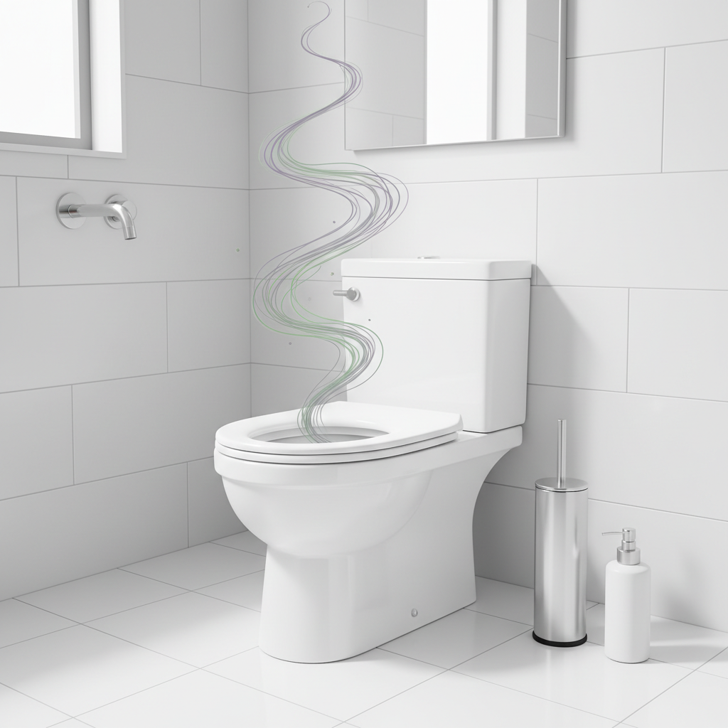 A visually appealing, modern bathroom scene. A sparkling clean white toilet bowl is the focal point, with a cleaning brush or spray bottle resting nearby, indicating recent cleaning. However, a subtle, abstract waft of unpleasant odor (represented by wavy, faint green or purple lines/clouds) is visibly rising from the bowl, contrasting sharply with its apparent cleanliness. The overall mood conveys frustration despite effort. Style: Detailed digital illustration, clean aesthetic with a touch of artistic representation for the odor. Do NOT include any text, words, letters, or numbers on the image.