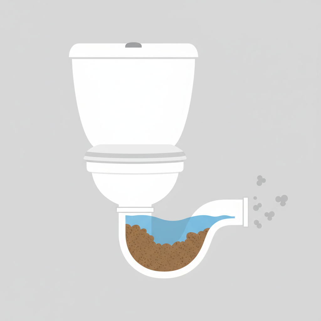 A clear, informative cross-section diagram of a toilet bowl connected to its U-shaped siphon (Geruchsverschluss) underneath. The siphon should be shown partially filled with blue water, acting as a barrier. Illustrate a gradual accumulation of brown, gritty deposits within the U-bend of the siphon, partially displacing the water and creating a narrowed passage. From the side of the siphon connected to the drain, subtle, abstract odor molecules (small grey puffs) are shown escaping past the compromised water barrier into the bathroom space. Style: Flat, clean infographic illustration with a simple color palette. Do NOT include any text, words, letters, or numbers on the image.