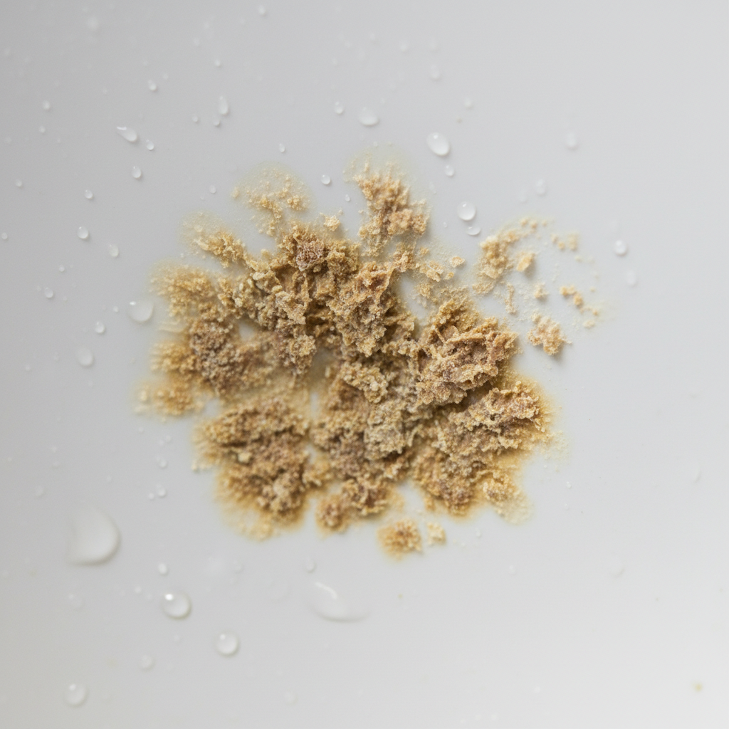 A high-detail, close-up shot looking inside a clean toilet bowl, specifically focusing on the area just below the normal waterline. Clearly depict distinct, rough, and discolored deposits of yellowish-brown limescale and urinstein clinging to the ceramic surface. Emphasize the crusty, uneven texture of these mineral deposits, making it evident that they are deeply embedded and not easily removed by surface cleaning. Style: Photorealistic digital painting or professional macro photography. Do NOT include any text, words, letters, or numbers on the image.