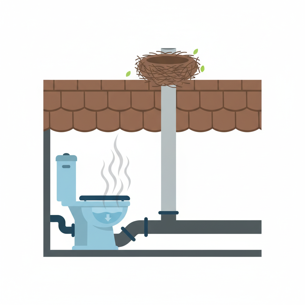 A simplified schematic diagram illustrating a toilet, its drain pipe, and the associated ventilation stack extending upwards to the roof. Show the U-shaped siphon under the toilet. At the very top of the roof vent pipe, depict a clear blockage (e.g., a bird's nest or accumulation of leaves). Use subtle arrows or a visible 'suction' effect to show the water level in the siphon being drawn down or entirely emptied due to pressure imbalance, thereby allowing sewer gases (represented by grey wisps) to rise freely from the drain into the toilet bowl. Style: Clean, technical flat illustration with clear, color-coded components. Do NOT include any text, words, letters, or numbers on the image.