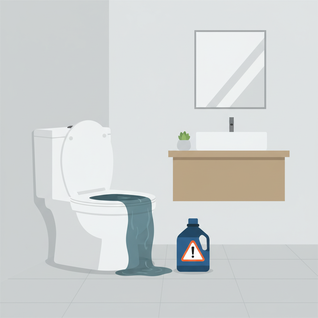 A flat illustration depicting a modern, clean bathroom scene. A white ceramic toilet bowl is prominently featured, filled to the brim with murky, still water, clearly indicating a severe blockage. Next to the toilet, a generic, dark-colored bottle of chemical drain cleaner stands, adorned with a bright orange hazard symbol, such as a generic toxic warning or an exclamation mark within a triangle, without any specific brand name or text. The overall atmosphere conveys the common problem and its immediate, chemical solution.