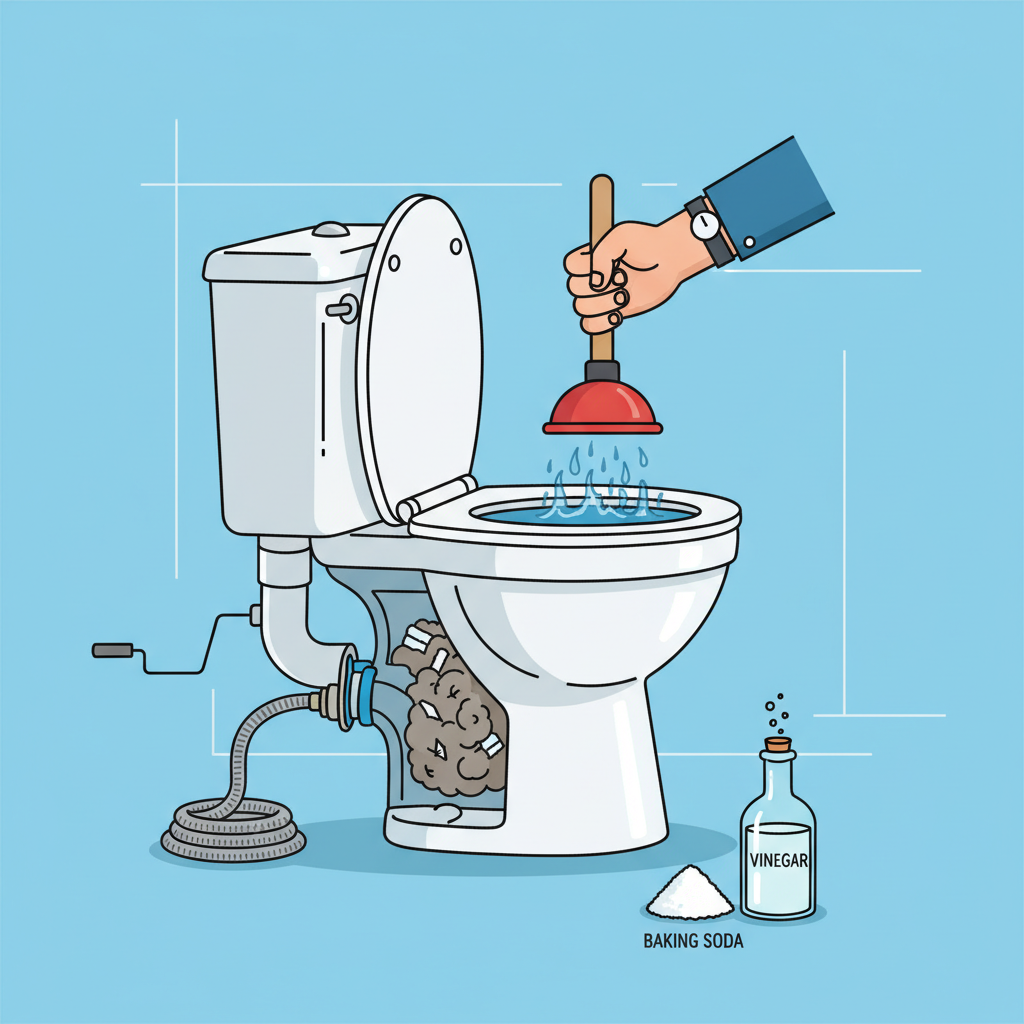 An infographic-style illustration with a detailed cross-section of a standard ceramic toilet and its internal S-trap pipe, clearly revealing a visual blockage inside the pipe (e.g., clumped material). Above the toilet bowl, a generic hand firmly holds a classic red rubber plunger, actively engaged in a plunging motion. Simultaneously, a flexible drain snake is depicted extending into the pipe from a different angle, addressing the blockage. Nearby, a small pile of white powder (symbolizing baking soda) and a bottle of clear liquid (symbolizing vinegar) are shown, representing eco-friendly alternatives. The overall style is clean and informative, highlighting practical solutions.